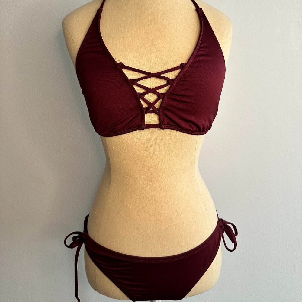 Burgundy lace up bikini